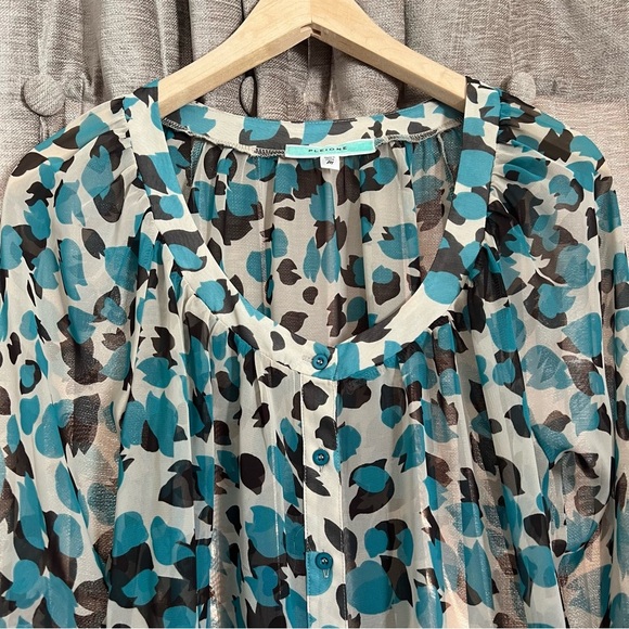Pleione Teal and Black Sheer Patterned Blouse Size Medium - Picture 3 of 12